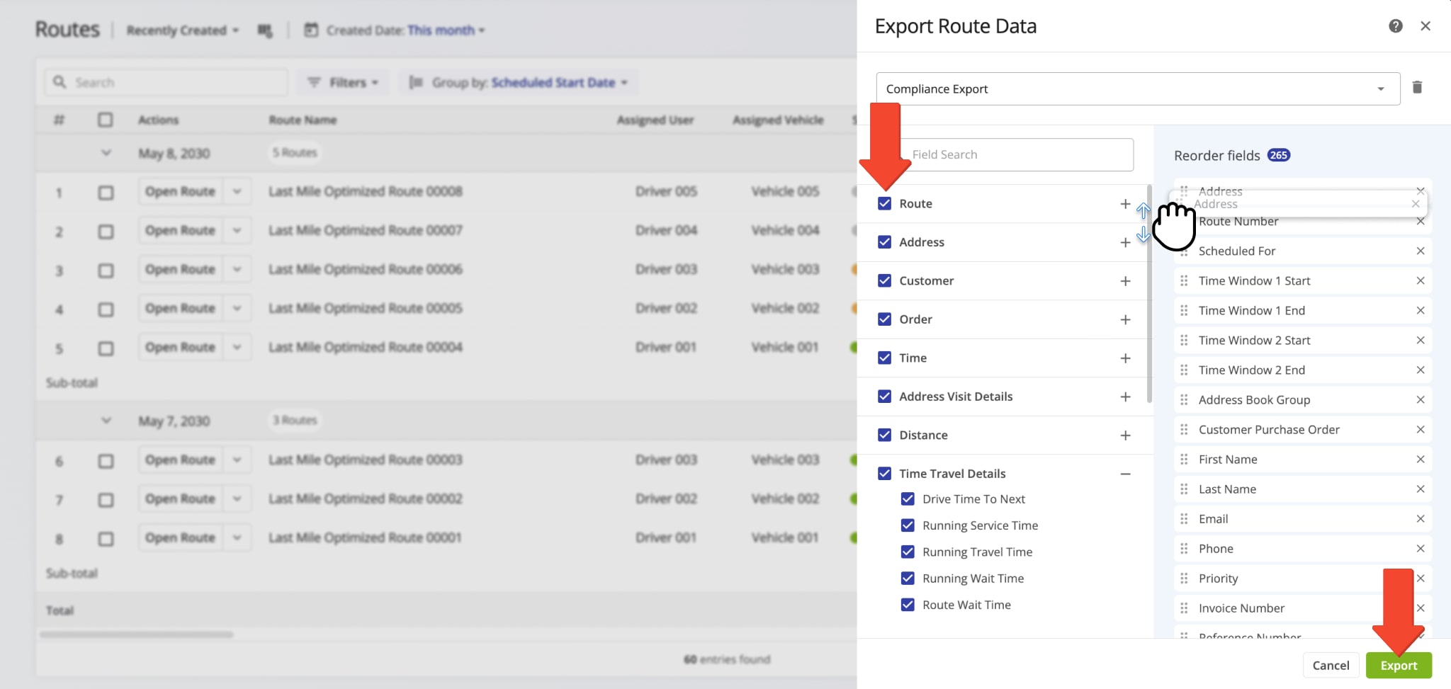 Every Route4Me tool and interface where you can find compliance data relevant to your needs gives you the option to export compliance data as a customizable spreadsheet file.