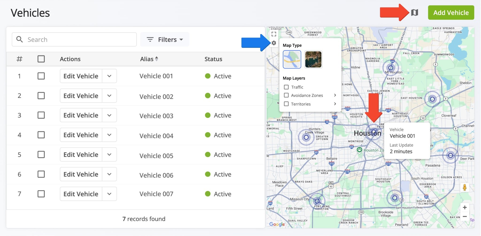 Route4Me enables you see your active vehicles on the map with GPS location updates. To do so, simply click the Vehicles Map button in the top-right.