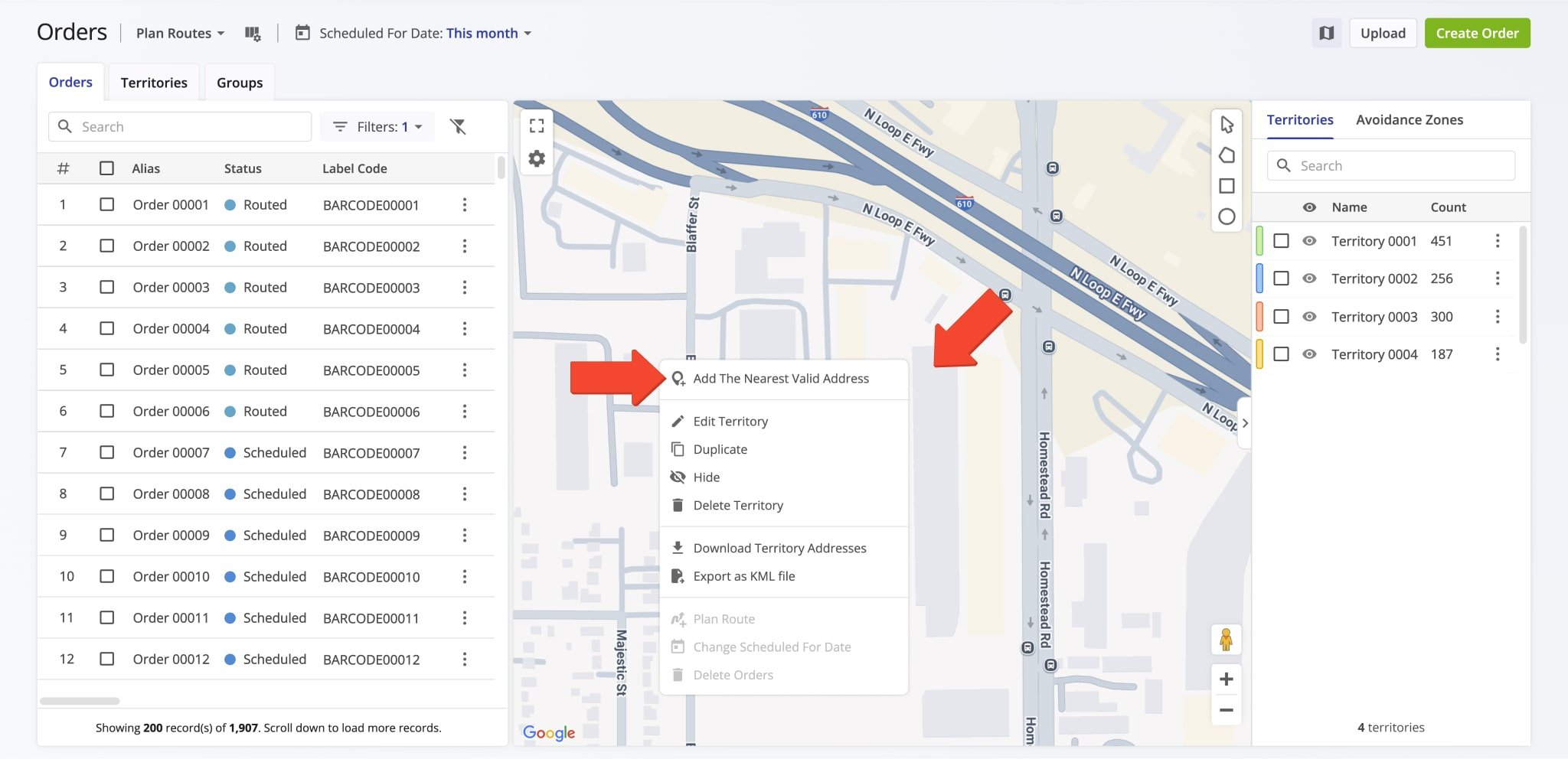 Seamlessly create new customer orders directly on the Orders Map by clicking at the preferred address.