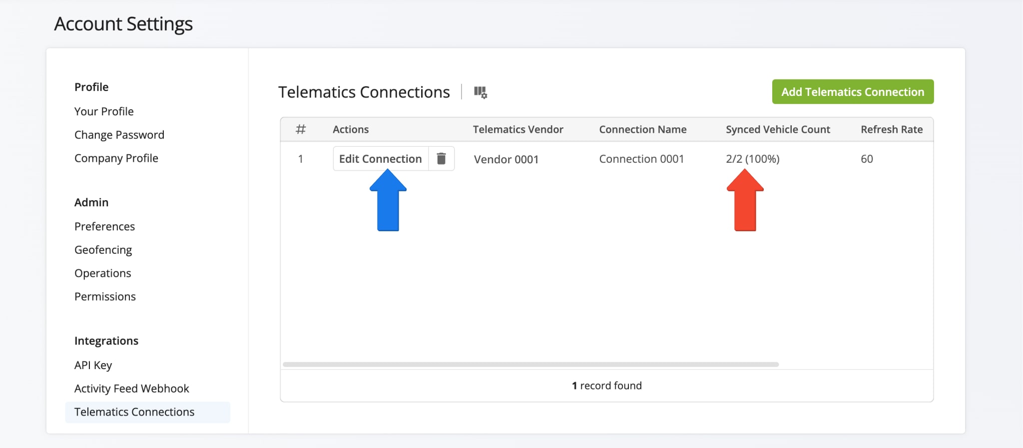 When adding a new connection, your telematics data is automatically synced and visible on the Telematics Connections page. 