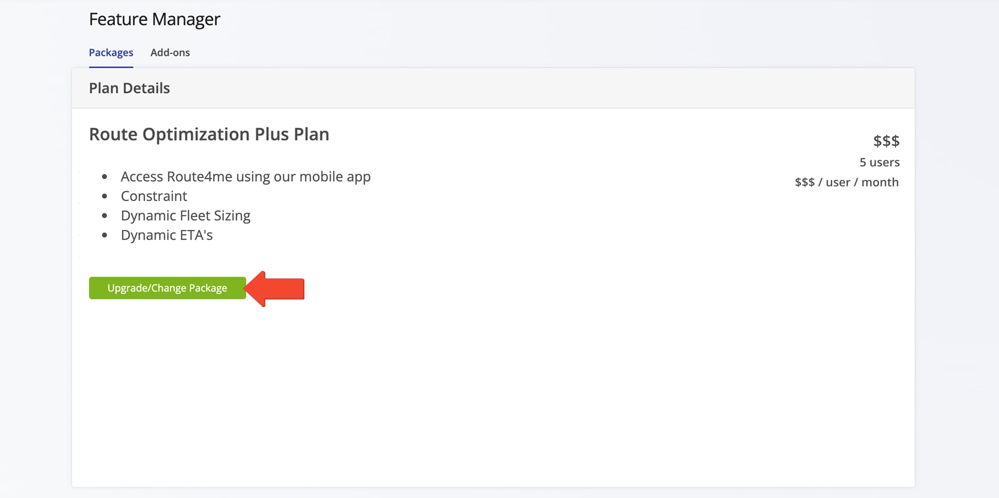 In the 'Packages' tab of the Route4Me Feature Manager, you can check the summary of your subscription with your plan name and cost details.