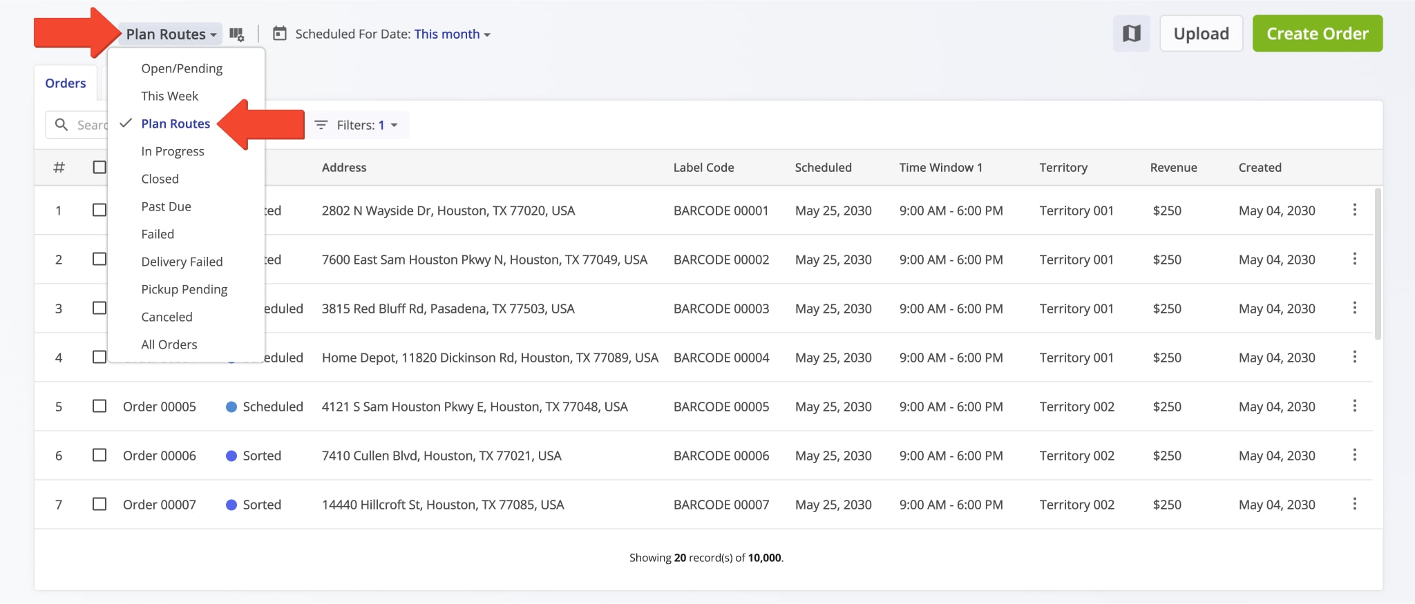 The Plan Routes View Mode shows orders ready for route planning. Specifically, only Scheduled and Sorted orders can be used for route planning.