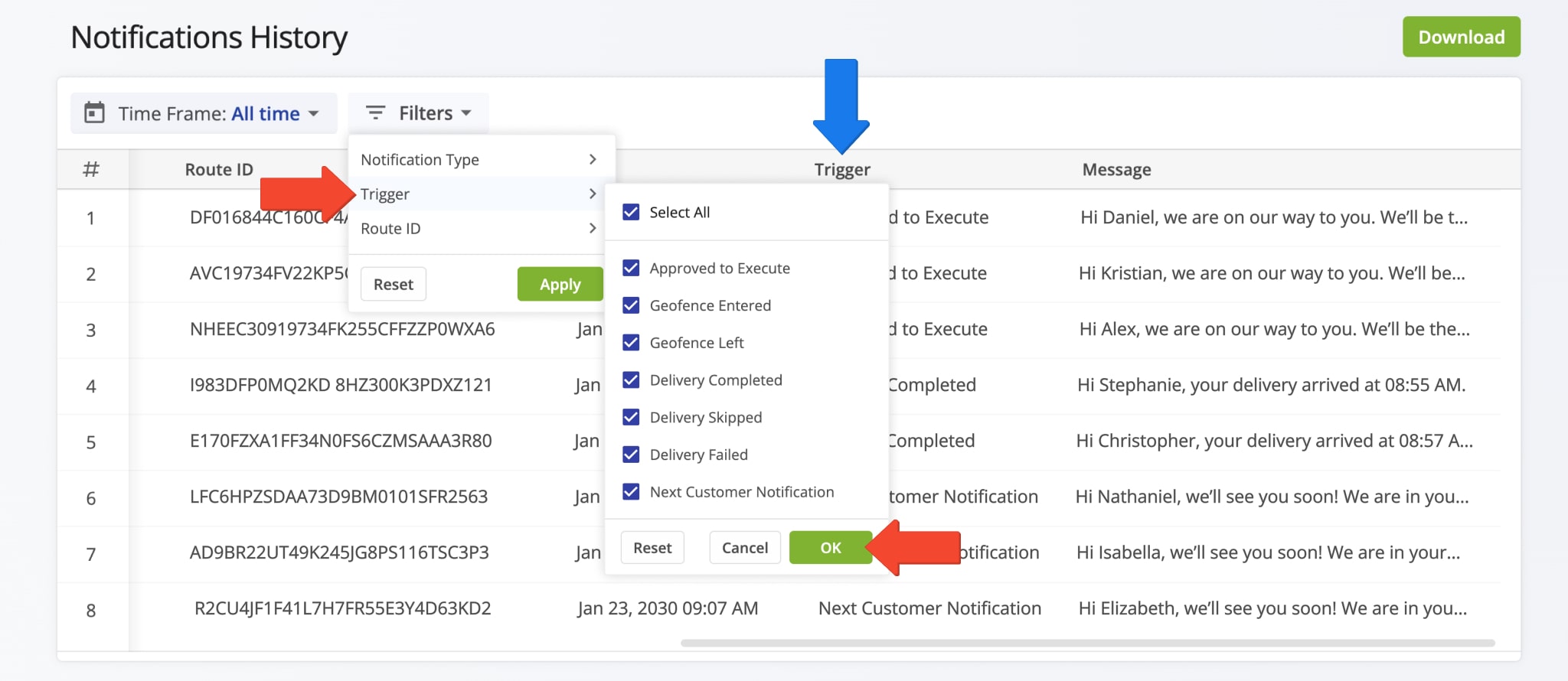 Filter your notification history by Trigger, the action that initiated the notification.