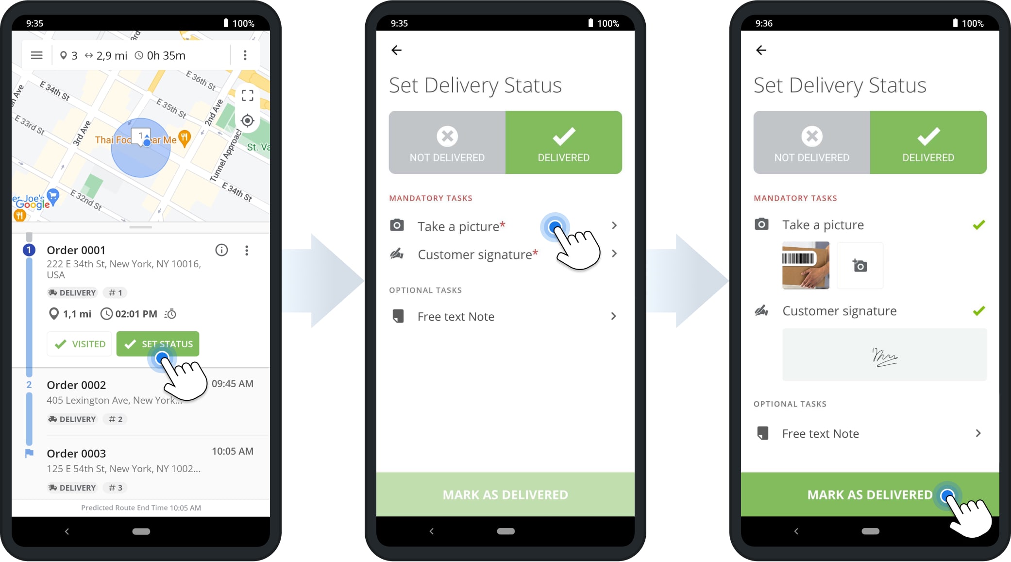 Tap Set Status on a route destination and complete mandatory proof of delivery or visit workflow tasks to mark orders as delivered.