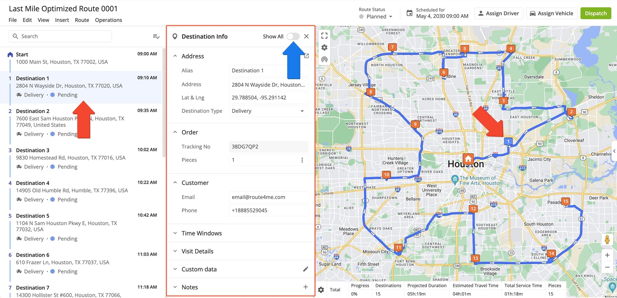 Opening and managing route stops, checking stop ETAs, editing customer details, order info, Custom Data, and adding notes in Route4Me's Route Editor.