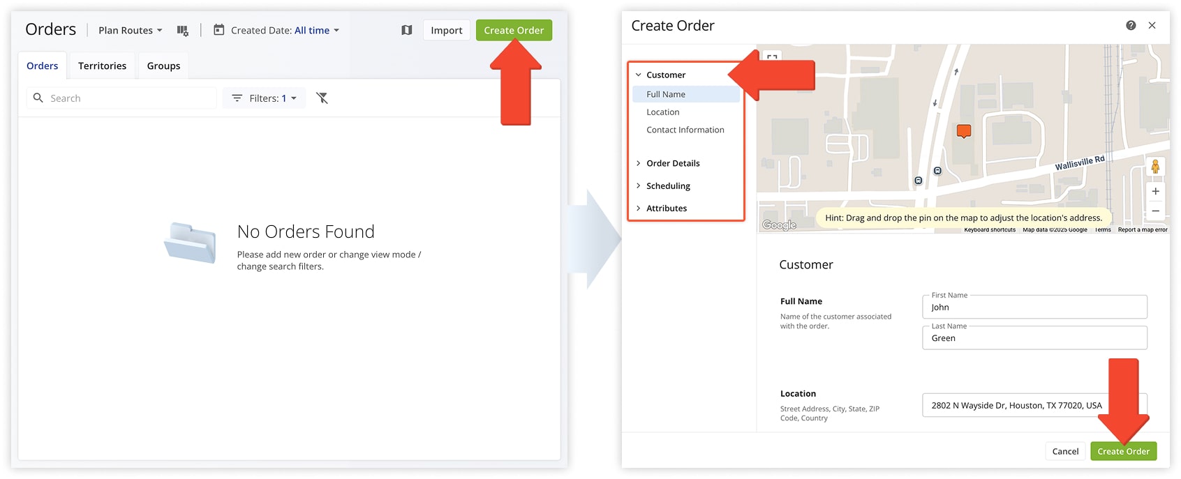 When you manually add customized orders in the Orders List, you can adjust order details such as address, scheduled for date, order destination type, priority, and more.
