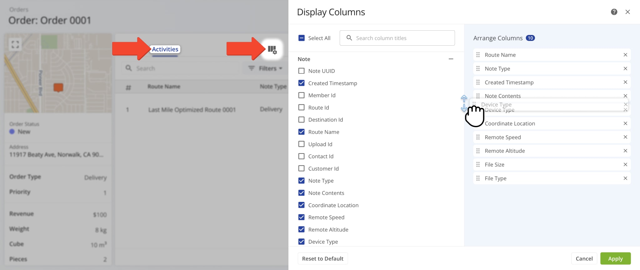 Customize order data by selecting columns to display.
