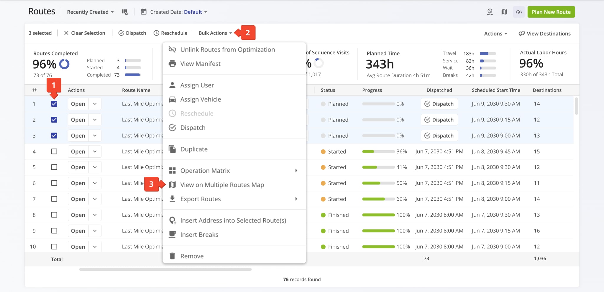 Route4Me also enables you to track multiple users simultaneously. To do so, select the routes with the users you want to track assigned to them and open them in the GPS tracking Routes Map.
