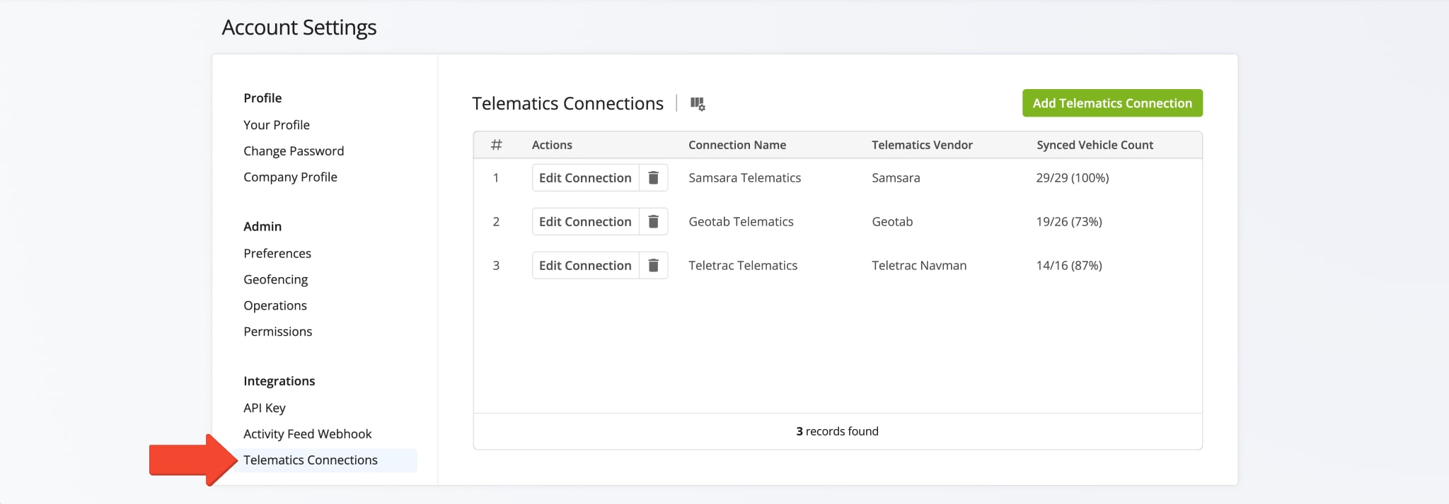 Establish and manage connections with Telematics Vendors from your Route4Me Account Settings.