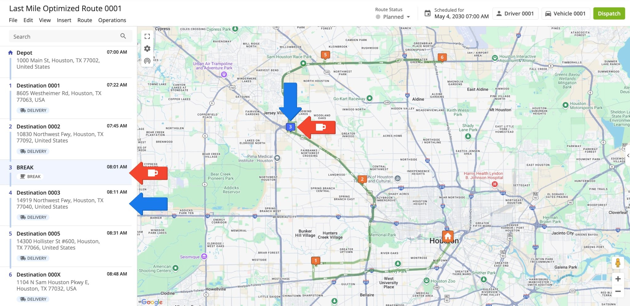 Driver Breaks are inserted into optimized last-mile routes as a BREAK destination with the address of the previous destination.