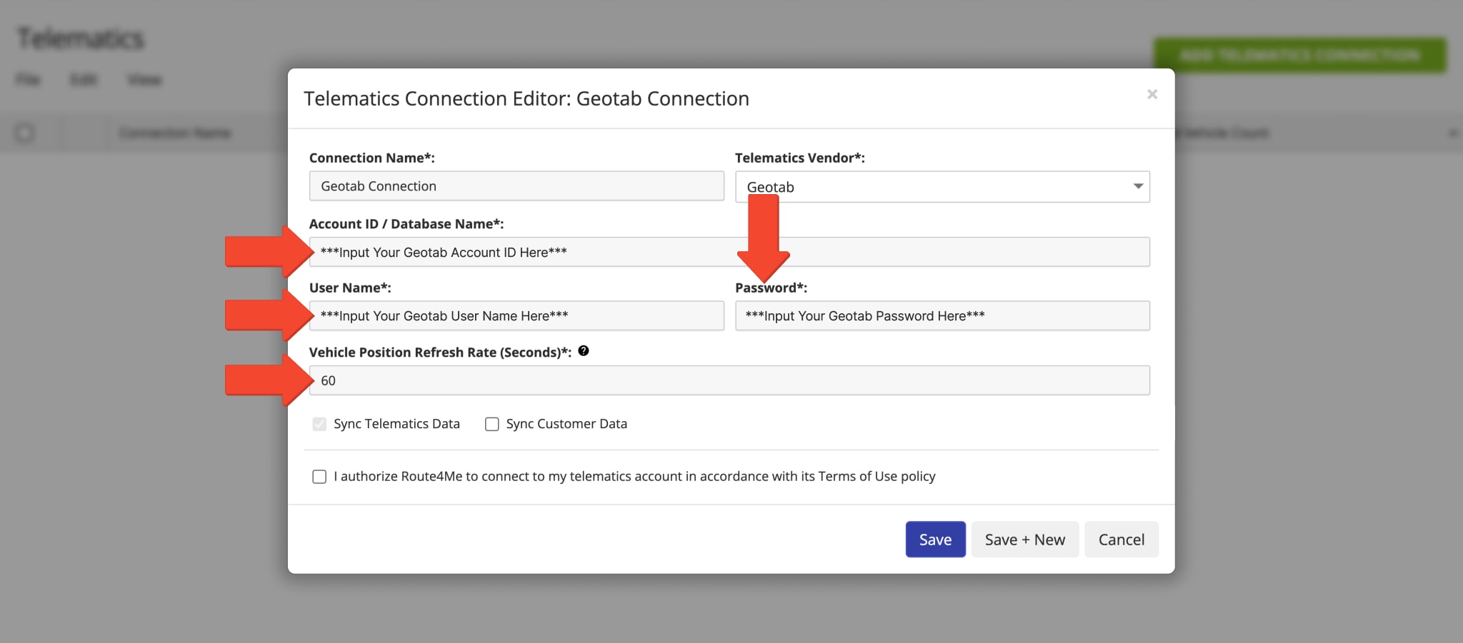 Input your Geotab Account ID, User Name, and Password to establish a Telematics Connection with Route4Me.