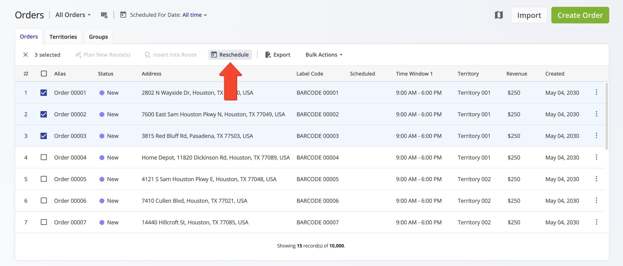 Manually reschedule one or more orders with the 'New' Order Status.