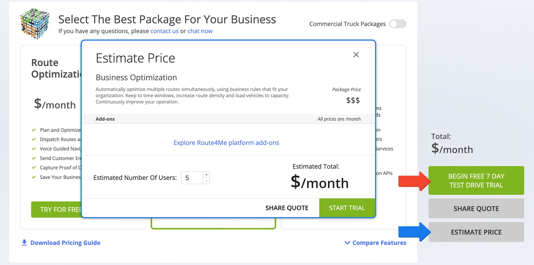 Once you've selected a Route4Me package, you'll see a preview of the total price and can proceed to registration and account creation right away by starting your free route planner trial.