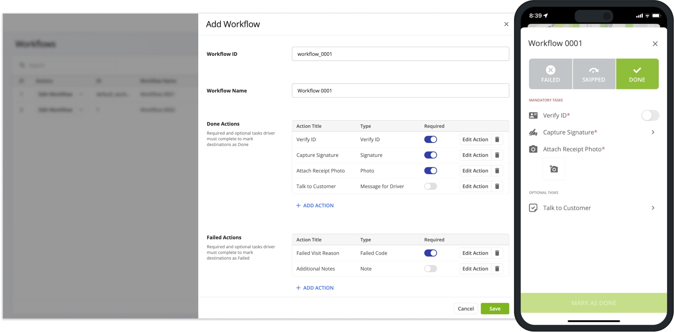 Workflows Overview: Add custom Workflow actions and driver tasks, enable Workflows for route stops, collect proof of visit and delivery.