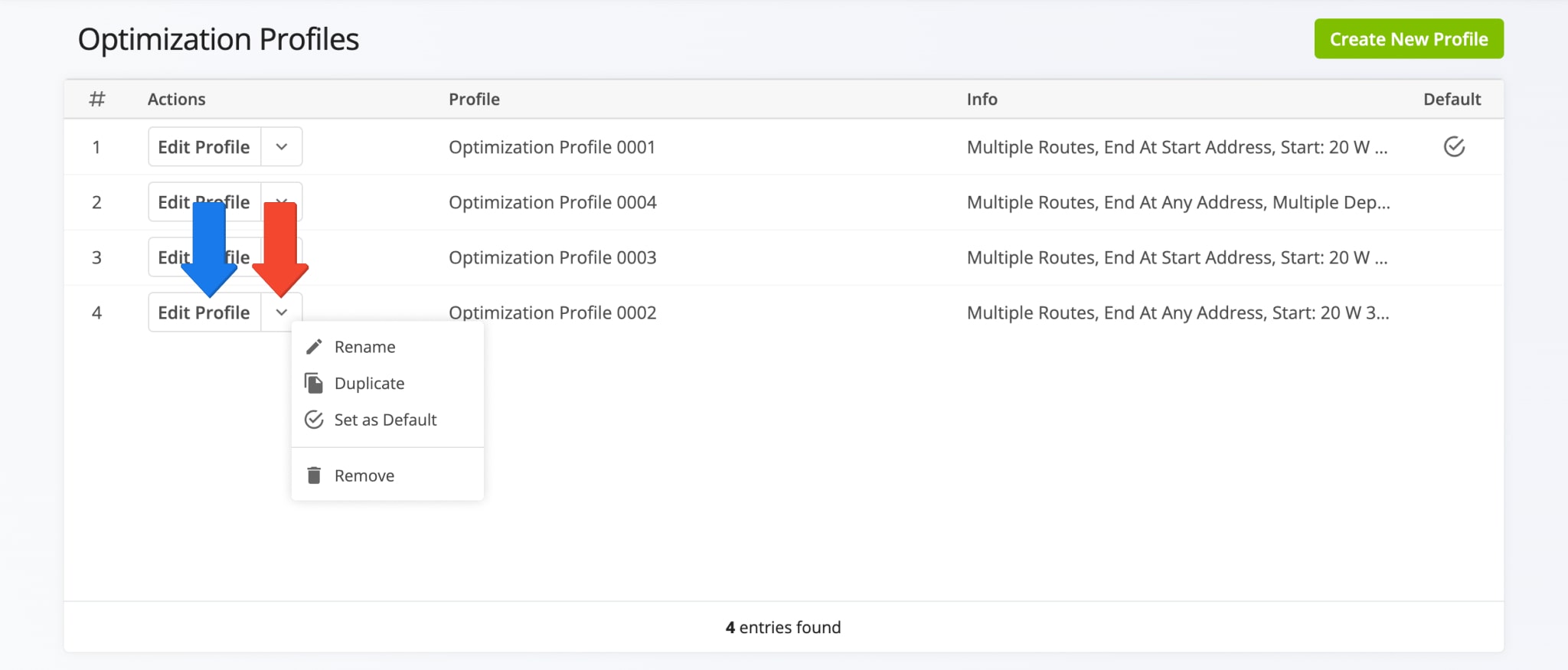 Manage route optimization profiles and edit profile settings.