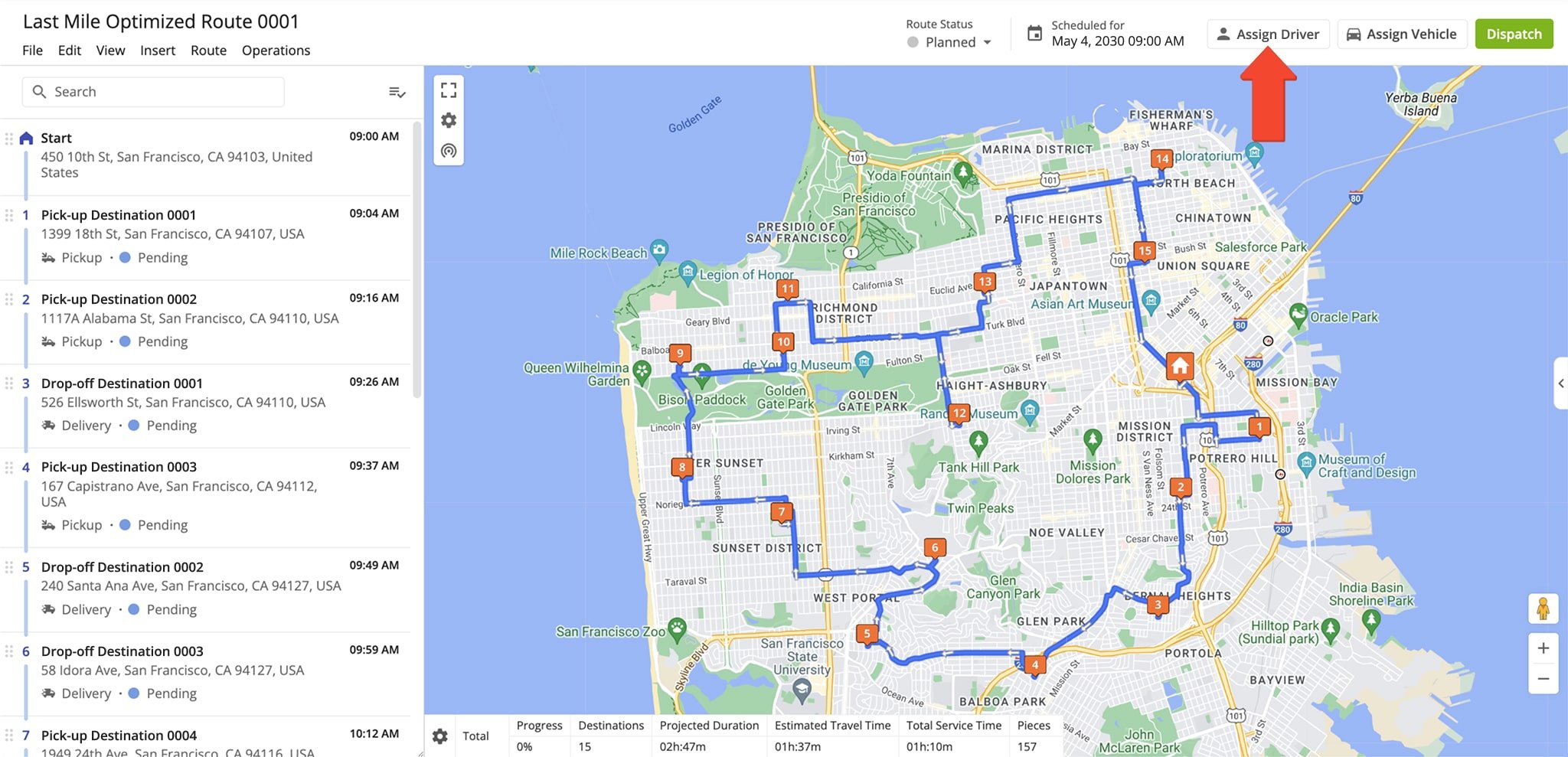 A typical last mile route in the Route4Me Route Editor, where you can also assign a driver to the route if you haven't already.