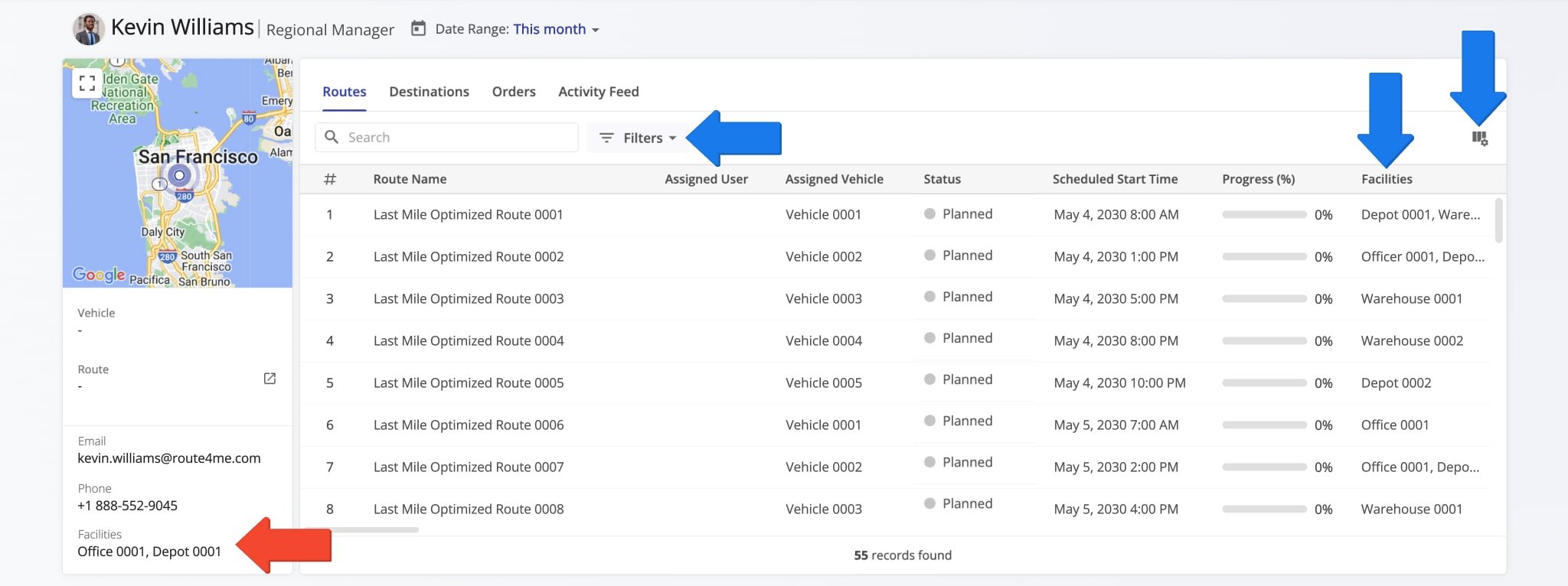 The User Snapshot enables you to see a User's associated Facilities as well as the Facility attribution of routes that User planned or is assigned to.