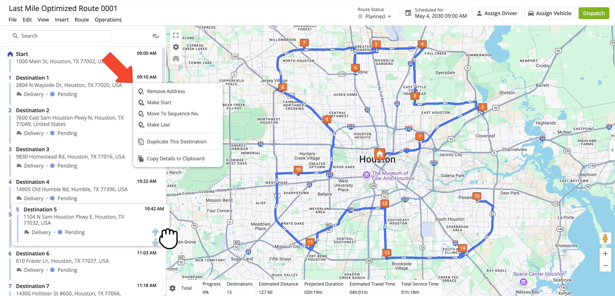 In the Route Editor, you can move Destinations in the route sequence, copy Destinations, delete Destinations, and more.