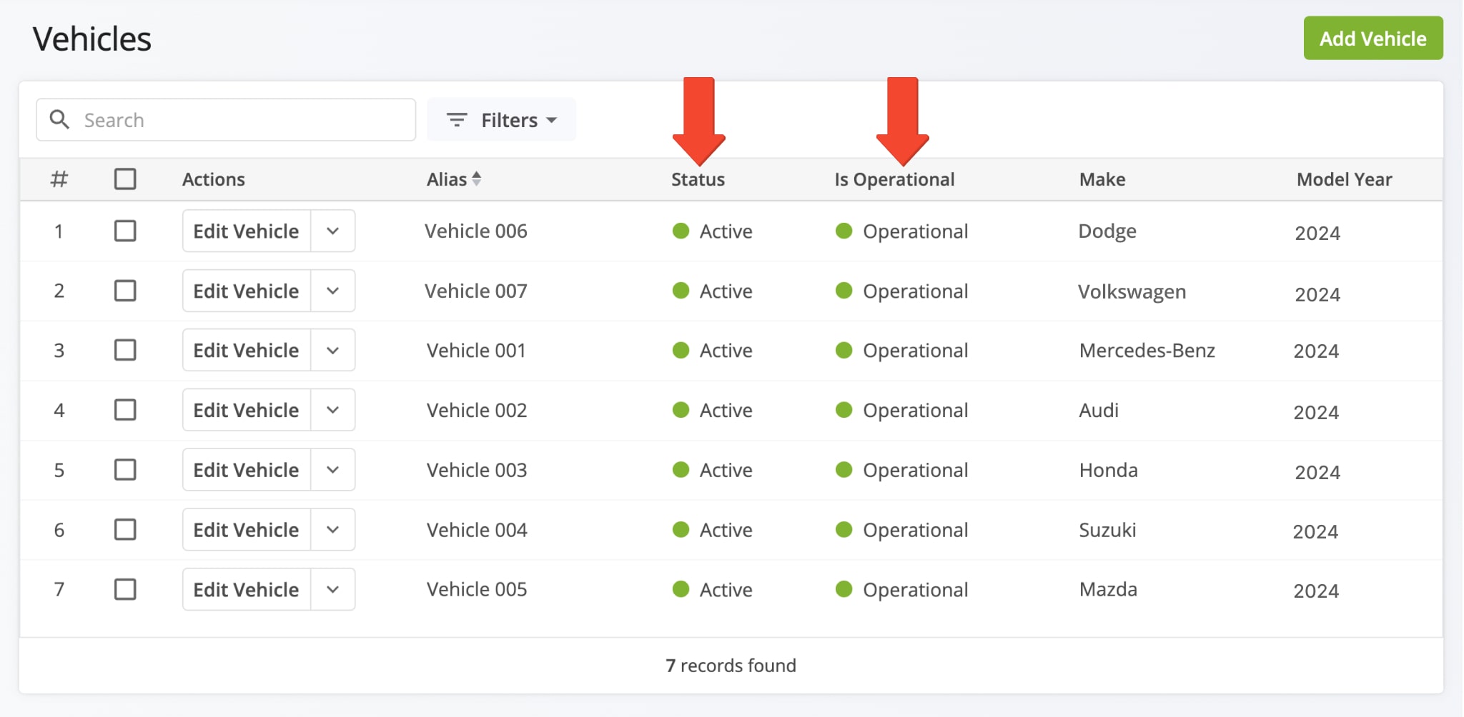 Once activated, telematics vehicles appear as “Active” with an “Is Operational” status and are ready to be assigned to routes. 