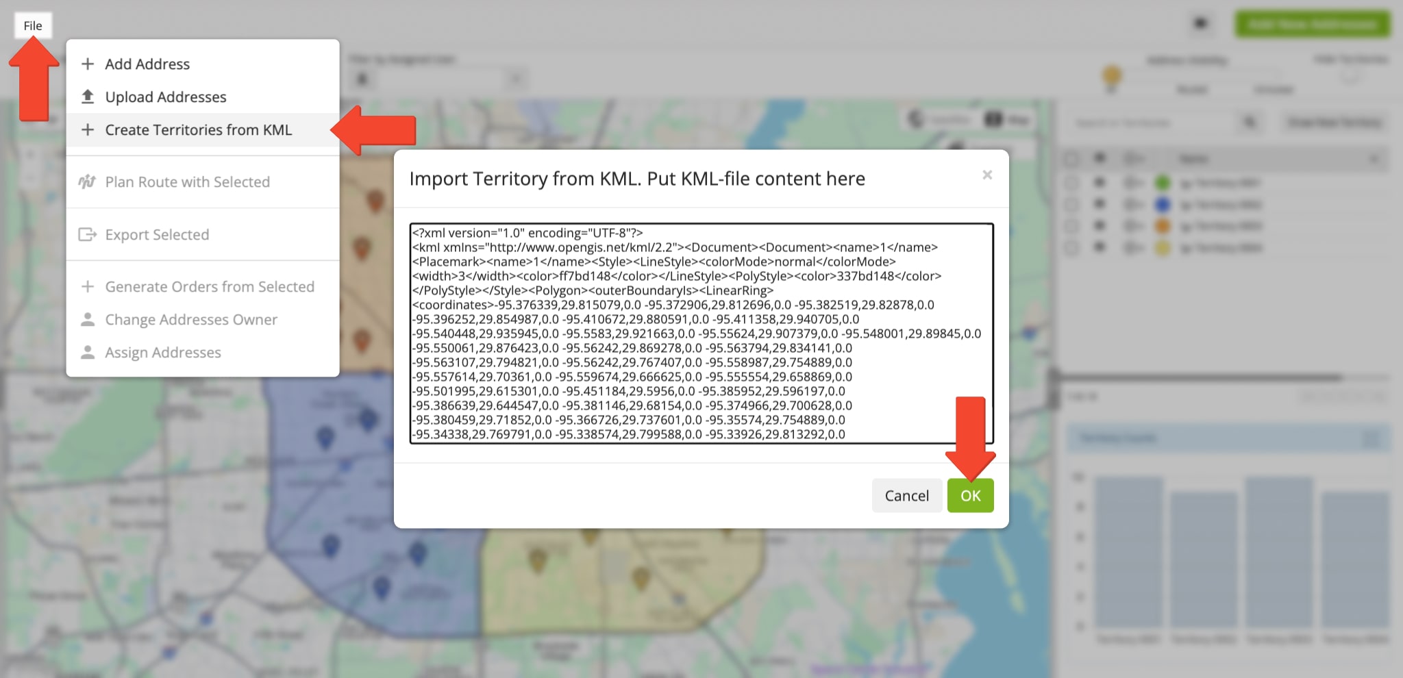 You can use a KML file to create Territories with geographic data.