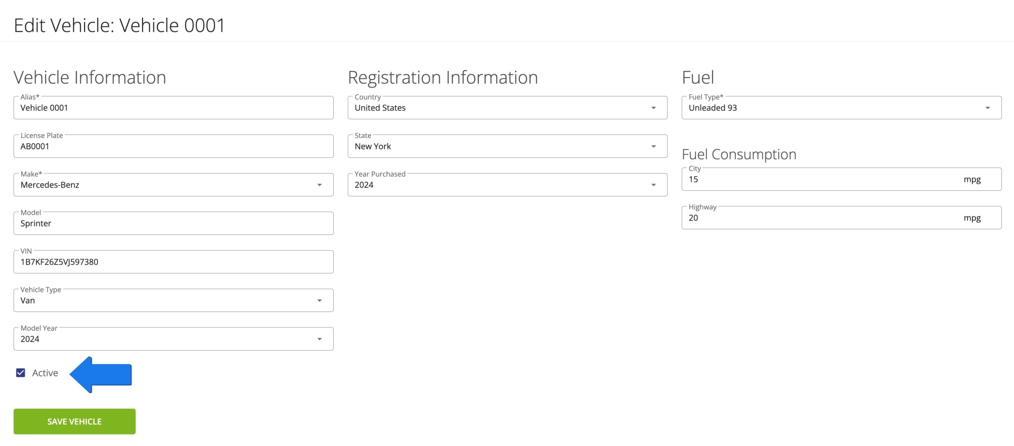 When you edit a vehicle, you can adjust vehicle information, registration information, fuel details, and more.