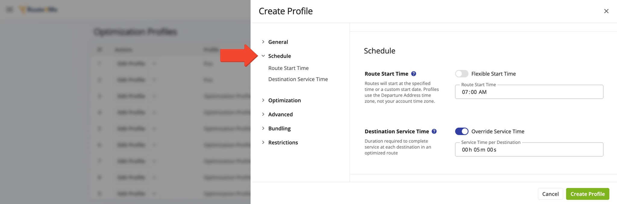 Adjust Optimization Profile schedule settings including route start time and destination service time.