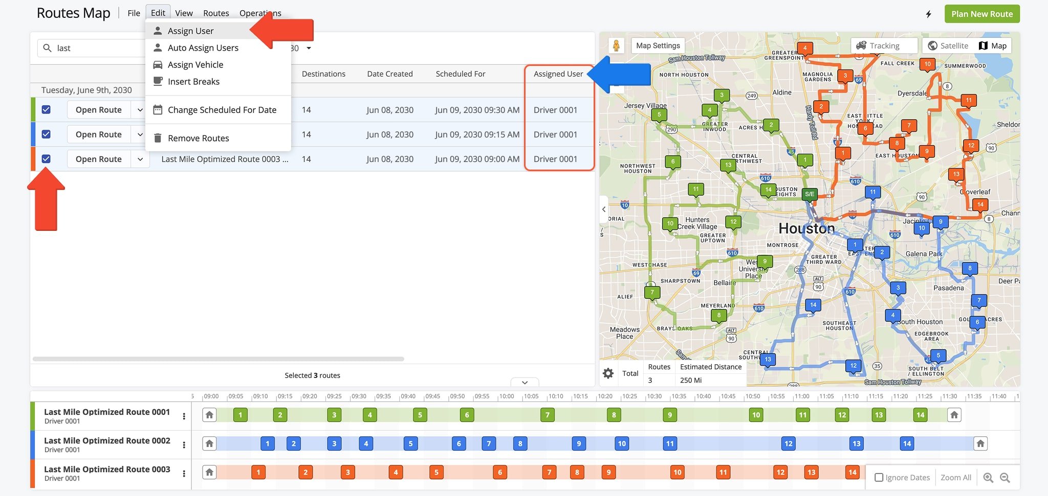 From the Routes Map, select multiple routes and automatically assign a user to all selected routes.