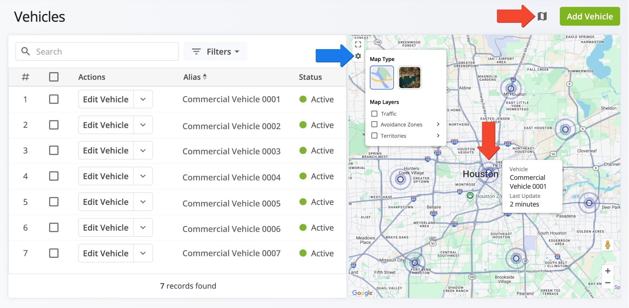 Route4Me enables you to see your active trucks on the map with GPS location updates. To do so, simply click the Map button in the top-right.