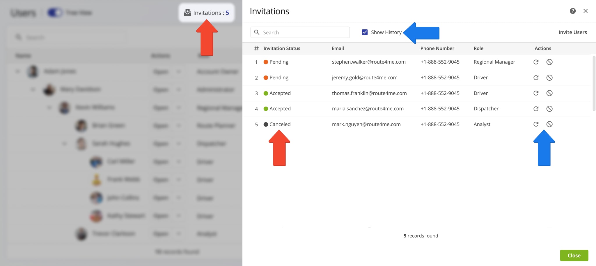 Check team member invitation statuses for invited drivers, route planners, dispatchers, and other members.