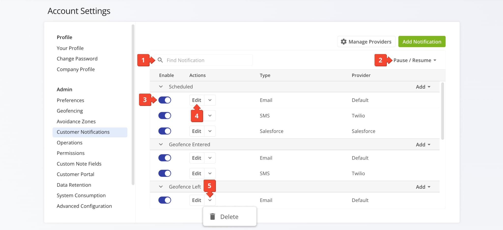 The Customer Notifications page in your Route4Me Account Settings enables you to easily find, edit, manage, and remove notification templates.