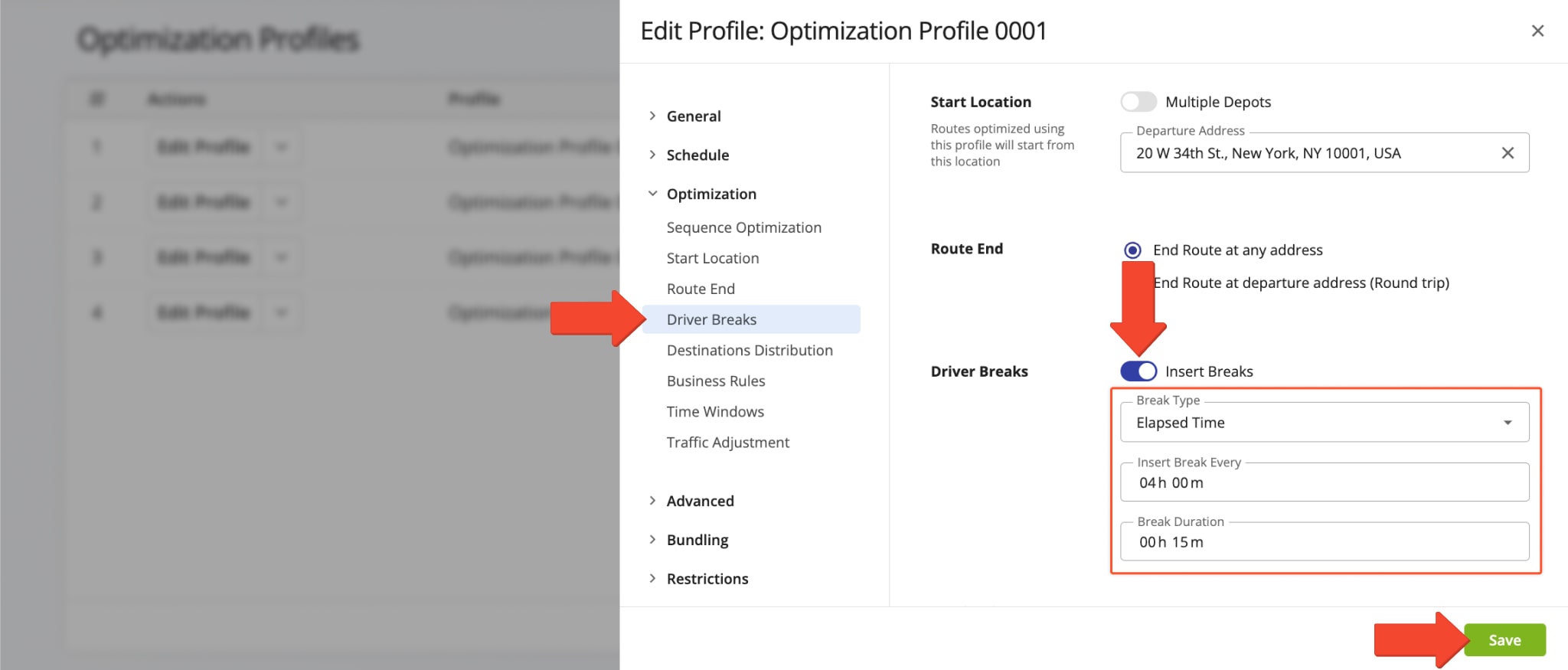 Adjust Driver Break settings in your account Optimization Profiles.