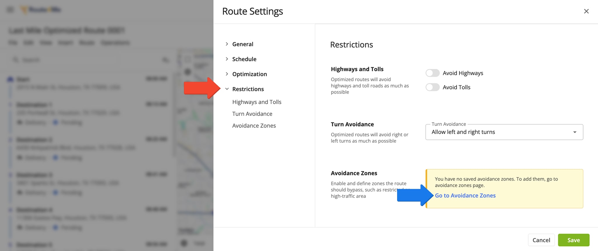 With the settings in the 'Restrictions' section, you can add or change route path restrictions.