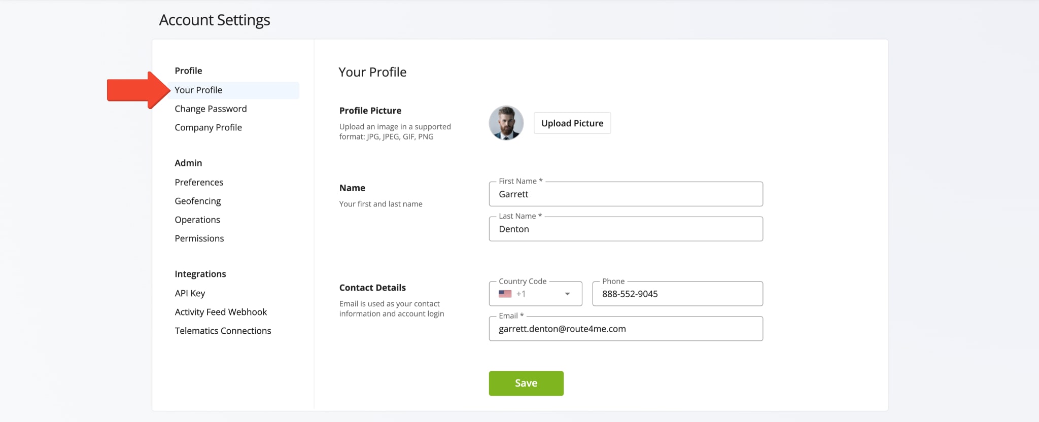 Route4Me personal profile settings.