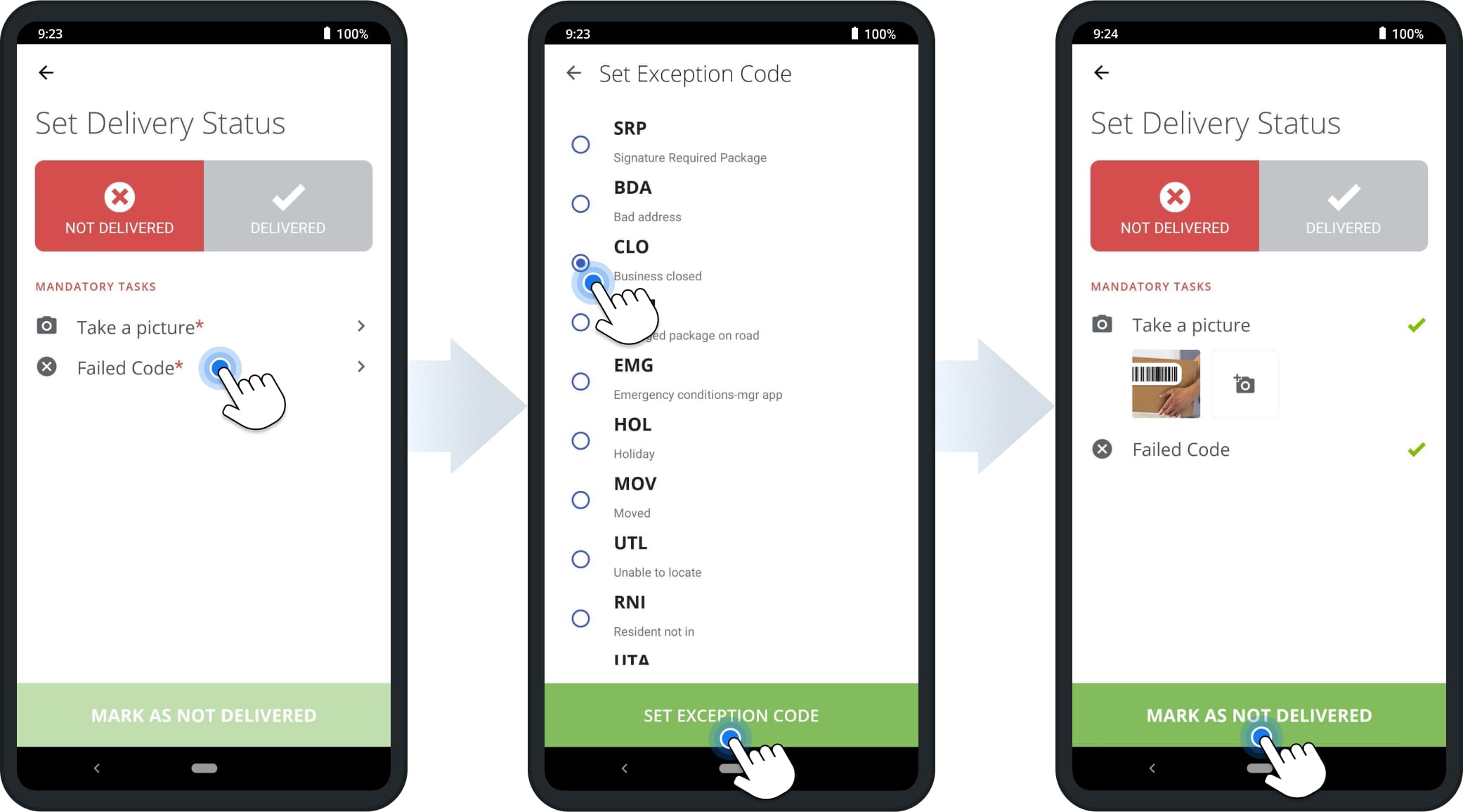 If an order cannot be completed, process it as a failed delivery by opening the order details, tapping Not Delivered, and following the prompts; such orders will receive the Attempted status and appear only under the All Orders filter.