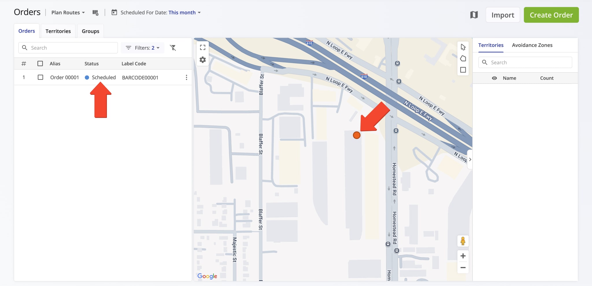 Orders added from the map are automatically scheduled for the current date and added to the Orders List with the Scheduled status.
