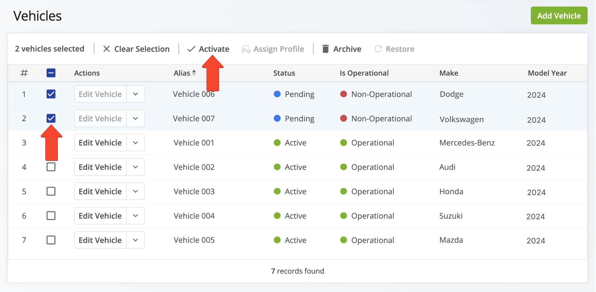 After establishing a telematics connection, your telematics vehicles and their data will be automatically imported to your vehicles list. 