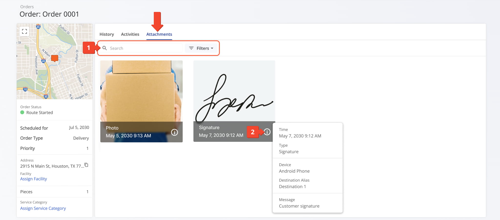 View proof of visit workflow attachments related to the order.