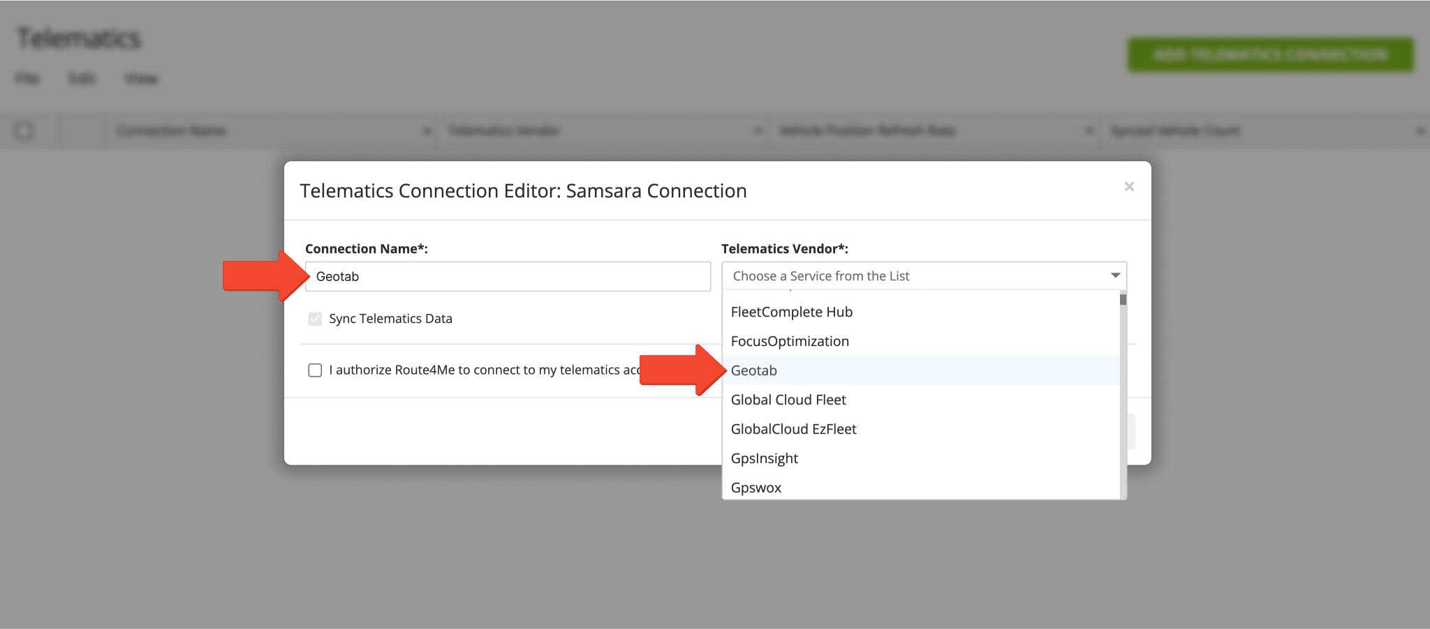 Select Geotab as your Telematics Provider when creating a Telematics Connection with Route4Me.