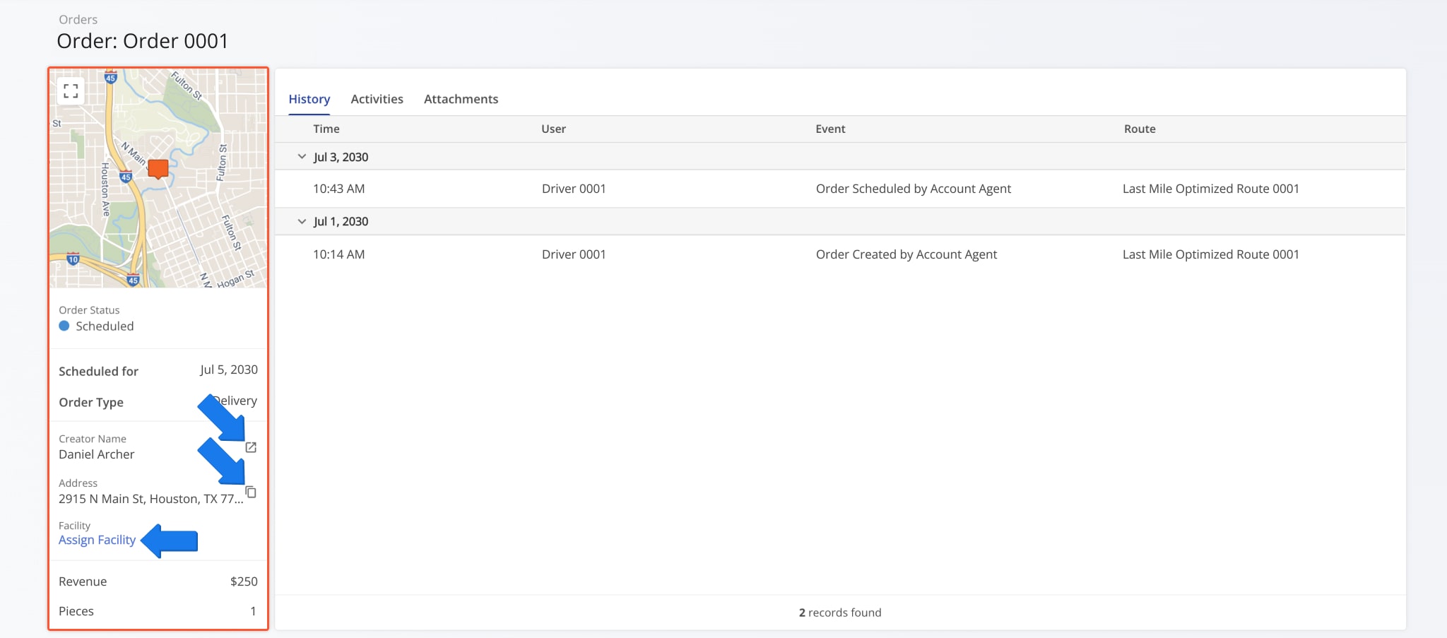 The Order Information panel is a summary of key details, including Customer and Address information, Order Type, Scheduled For Date, and more.