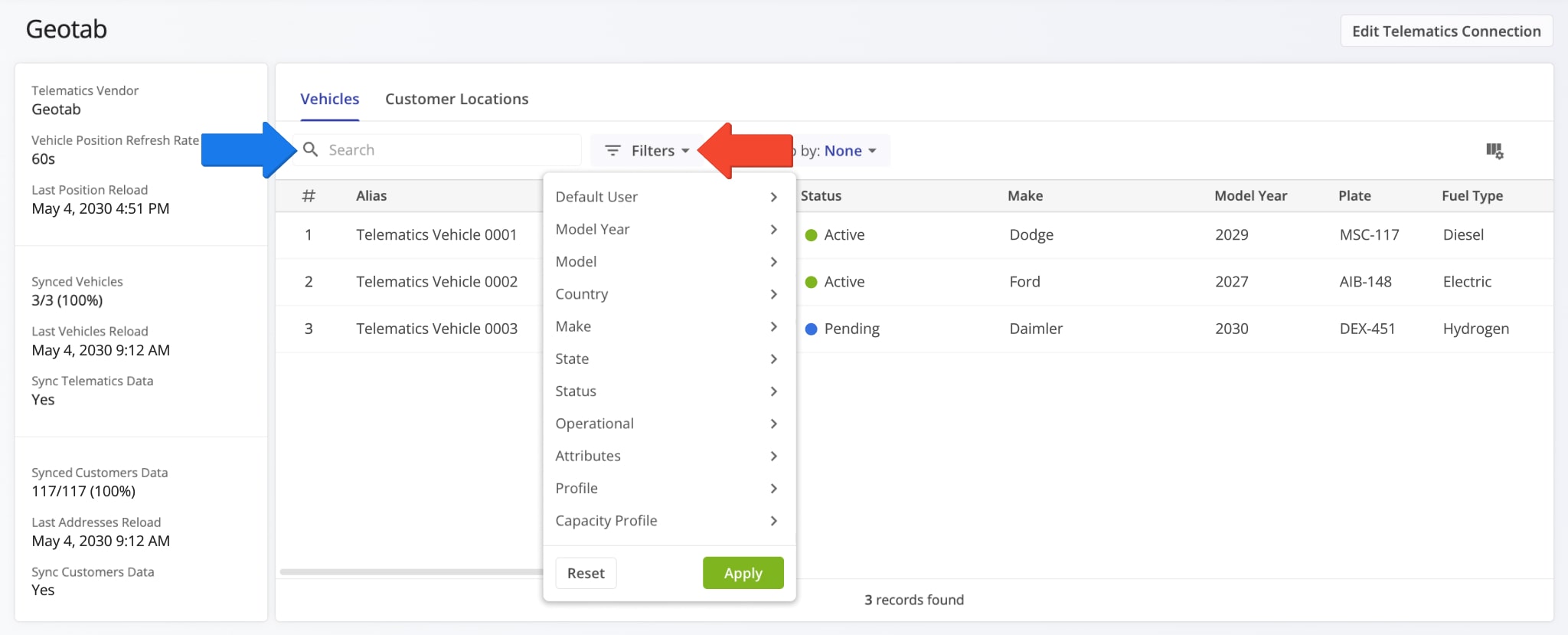 Filter the Telematics Snapshot by your preferred filter settings.