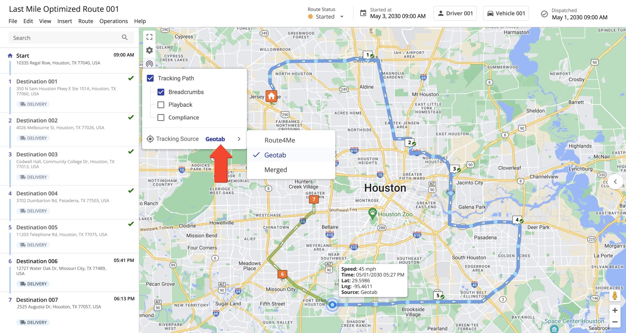 Track Geotab telematics vehicles in real time on the Route4Me Route Editor.