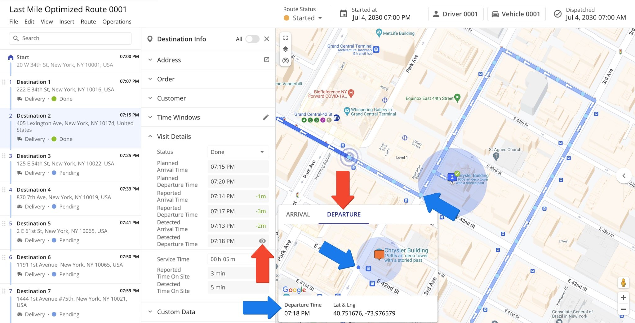 When a vehicle leaves a geofence, location data from the driver’s Route4Me iOS or Android mobile app, or third-party GPS device from a Telematics Provider, is sent to Route4Me. This generates an immutable 'Departure Time' timestamp that can't be modified.