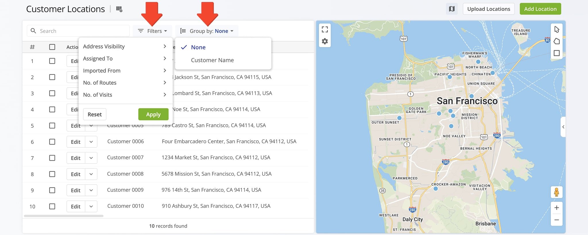 If you have many Customer Locations, click 'Group by' to quickly search for specific customers.