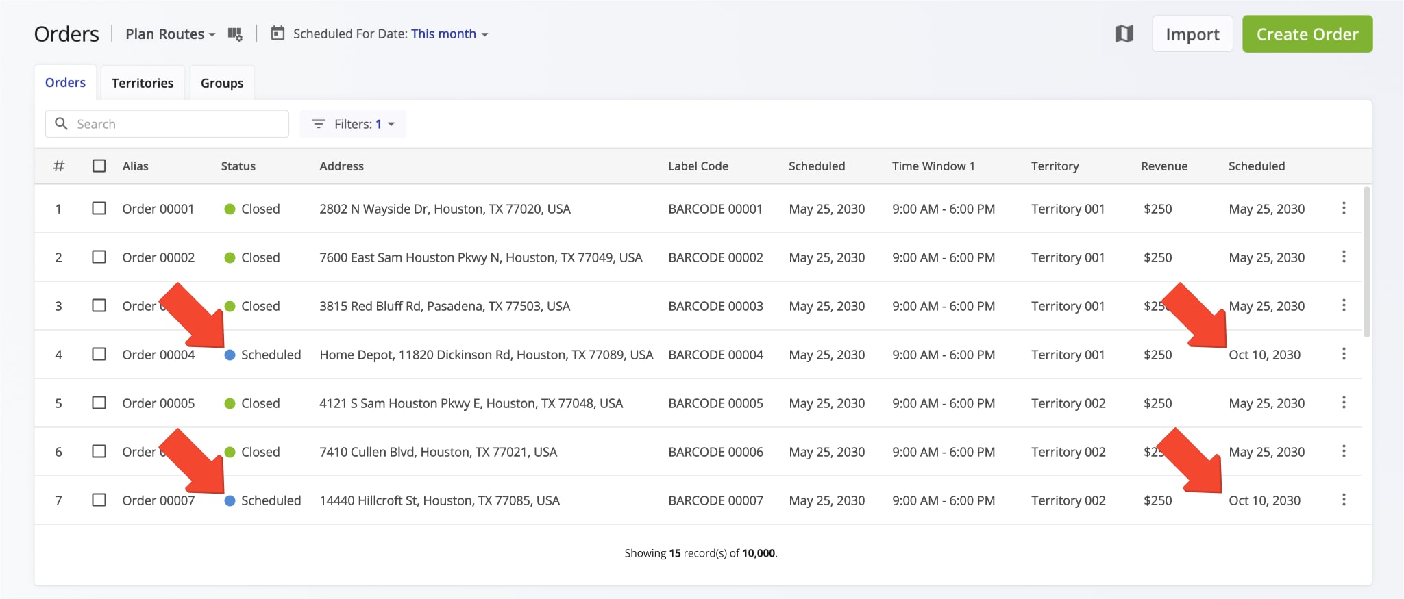 Rescheduled orders get the Scheduled status and their Scheduled For date is updated to the selected date.