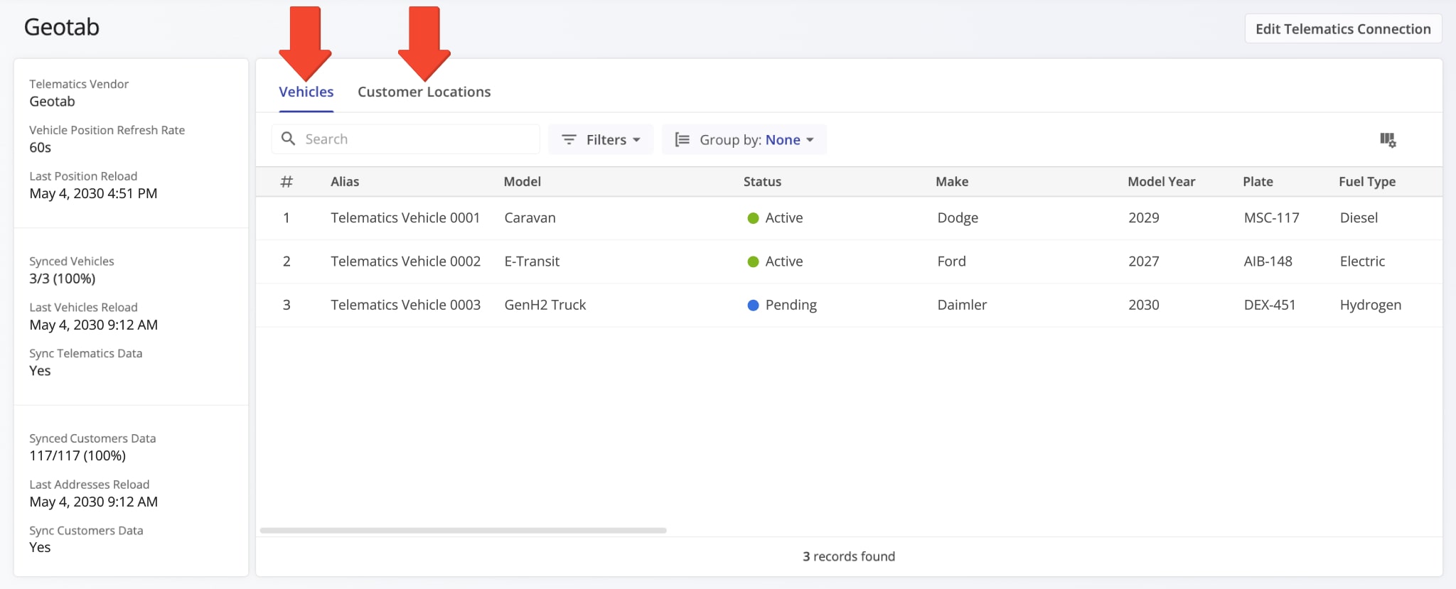 The Telematics Snapshot has different tabs corresponding to the type of associated data. By default, the Vehicles tab is open when you access a Telematics Snapshot.