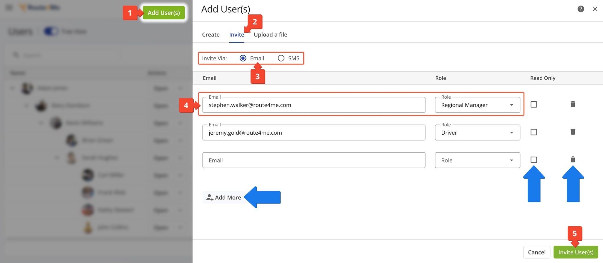 Send email invites to drivers, route planners, dispatchers, and other team members to join your Route4Me company account.