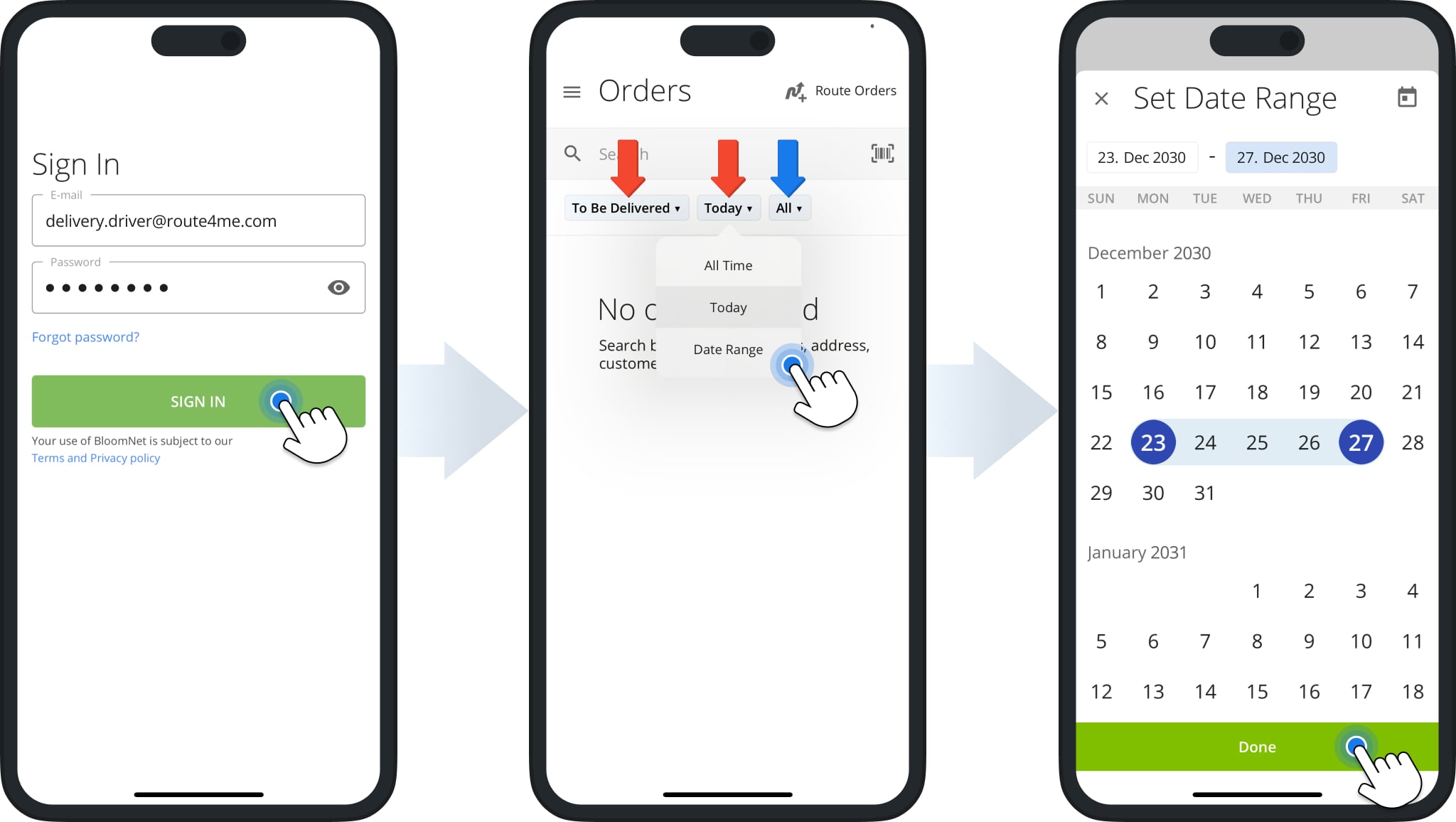 Route4Me’s Android Order Delivery app and iPhone Order Delivery app enable you to filter scheduled to-be-delivered orders by order details or a specified date range. 