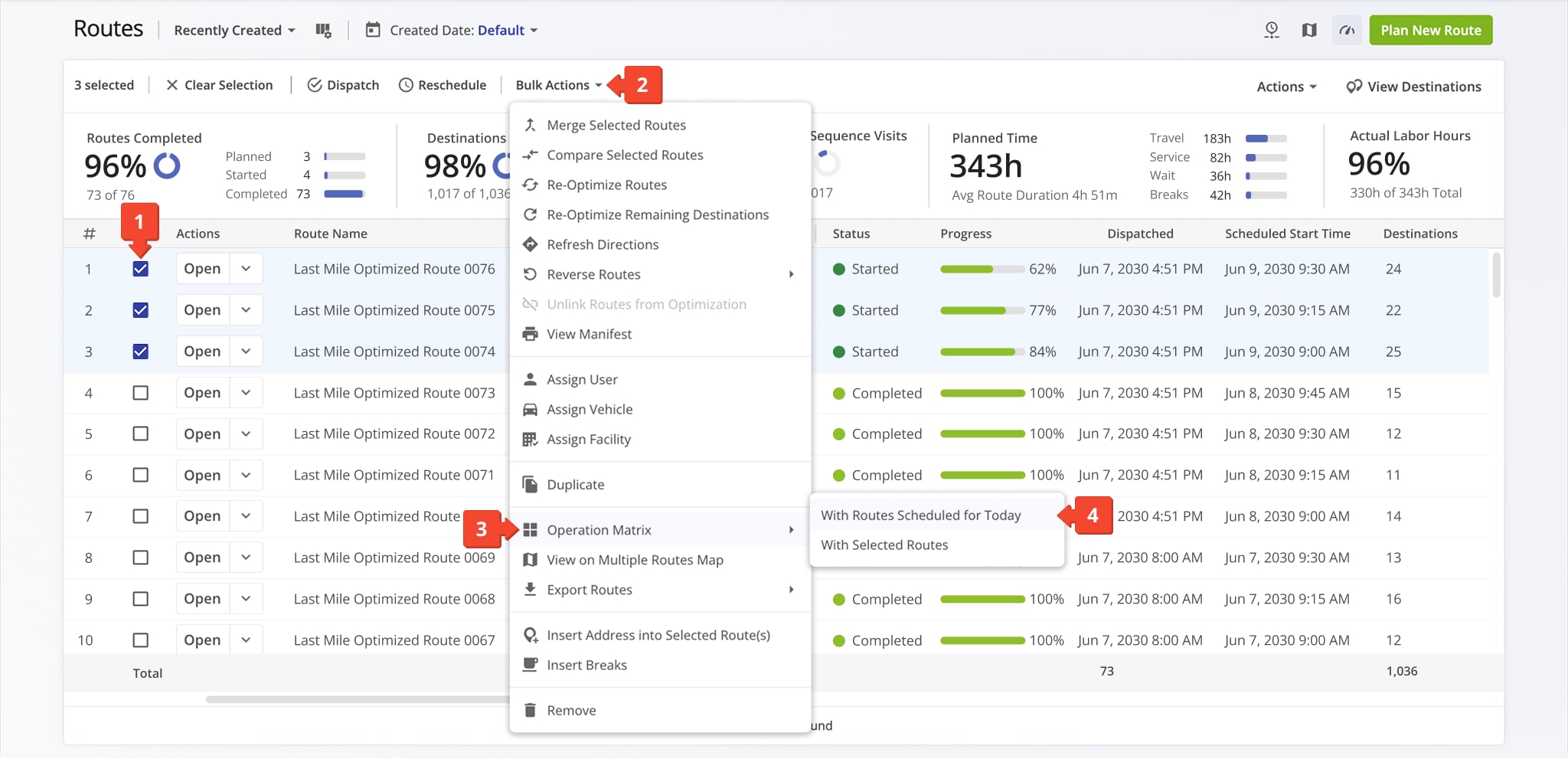 To open the Operations Matrix, go to the Routes List, select one or more routes, and choose to view routes scheduled for today or the selected routes.