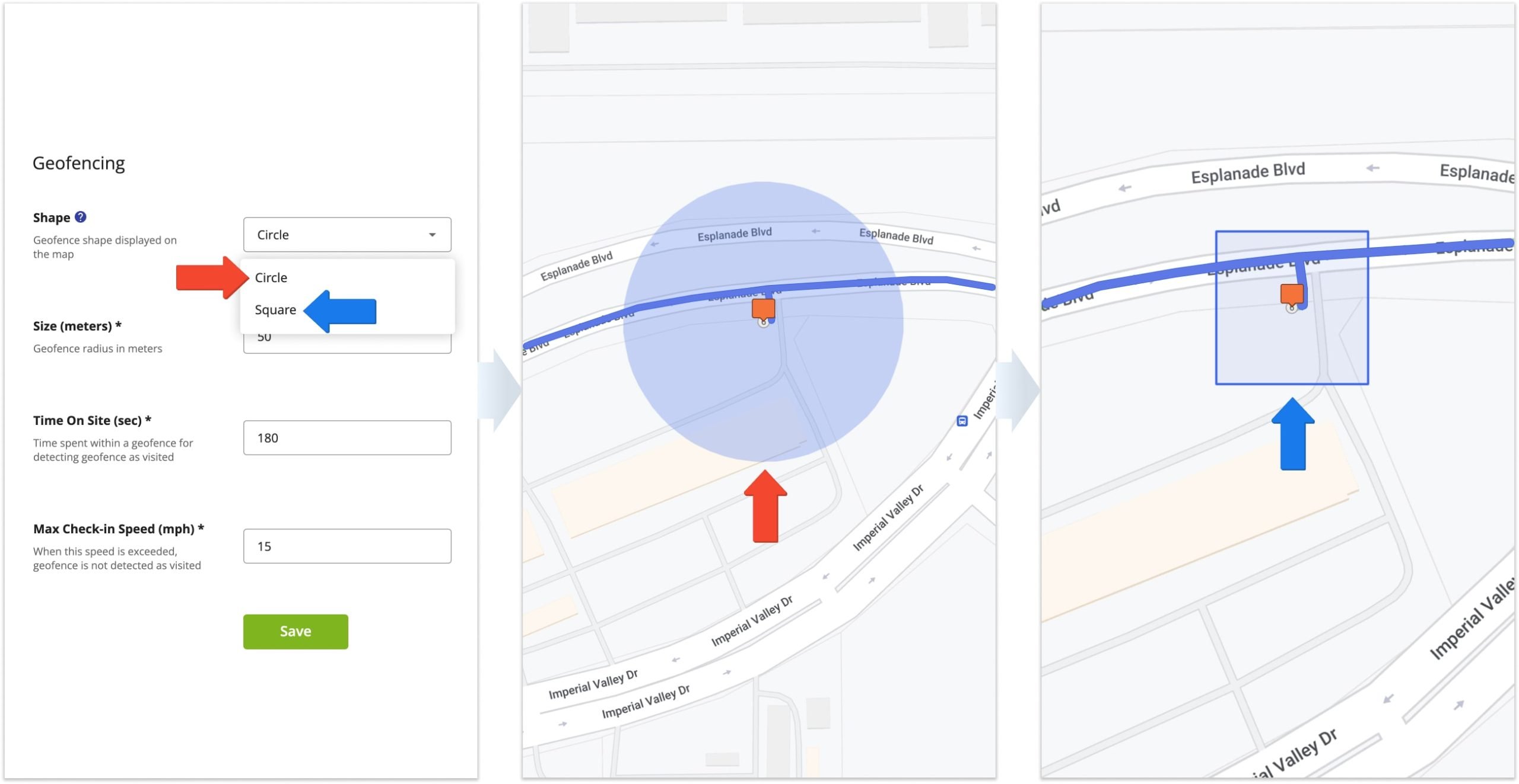 You can select your Geofence Type between square and circle, depending on your routing or tracking needs.