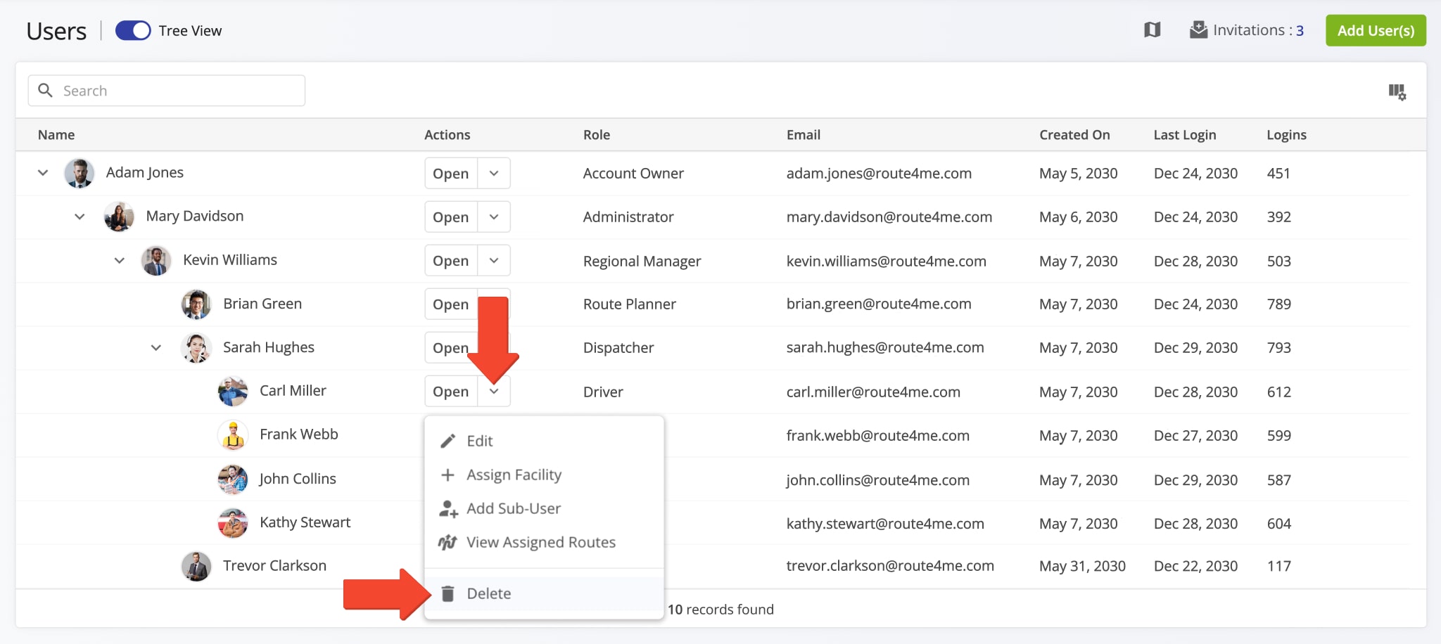 Delete drivers, route planners, dispatchers, and other team member profiles from the Route4Me route planning software account.